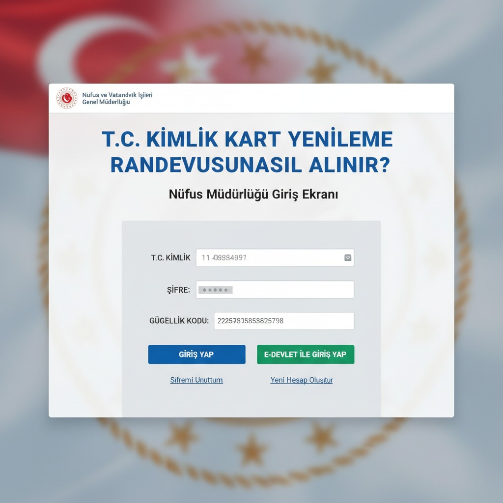 Nüfus ve Vatandaşlık İşleri Genel Müdürlüğü T.C. kimlik kartı yenileme randevusu için giriş ekranı.