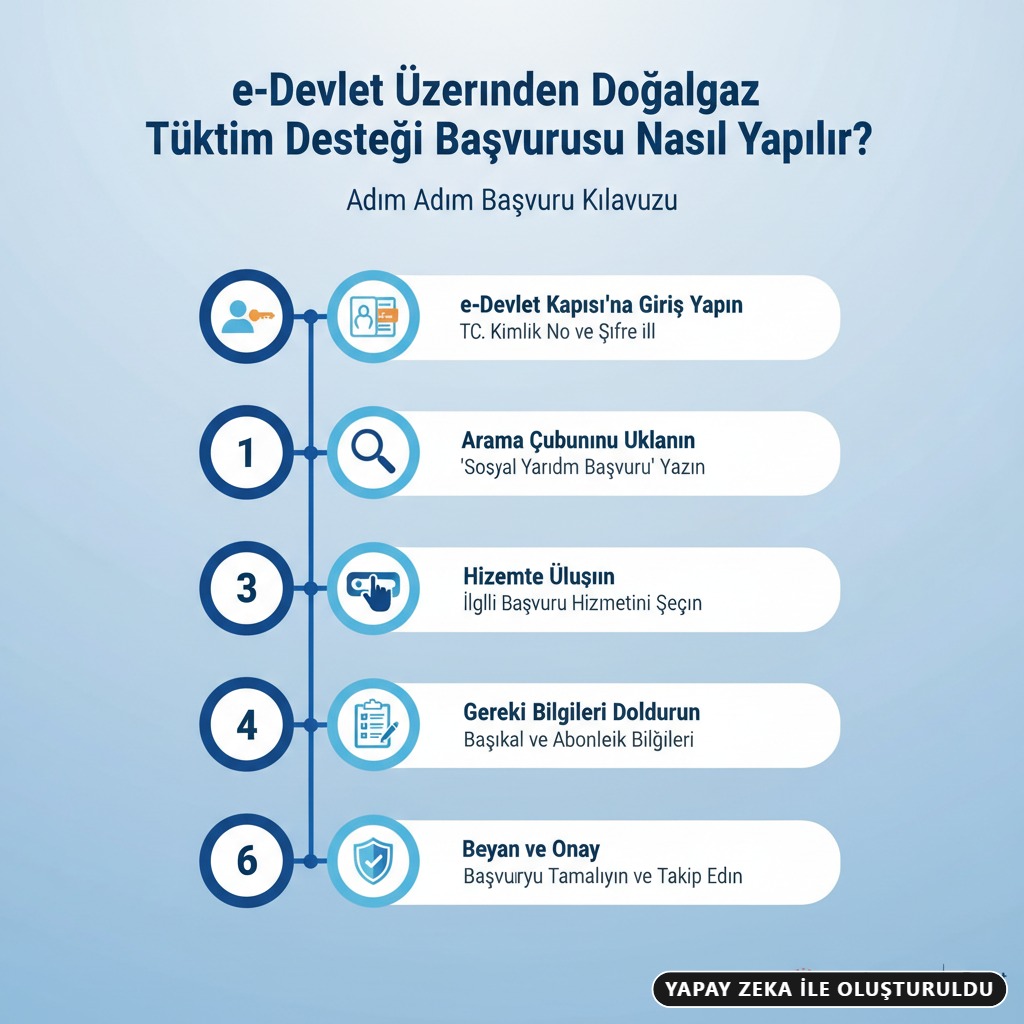 Yapay Zeka ile Oluşturuldu: e-Devlet üzerinden doğalgaz tüketim desteği başvurusunun nasıl yapılacağını gösteren beş adımlı bilgilendirme görseli.