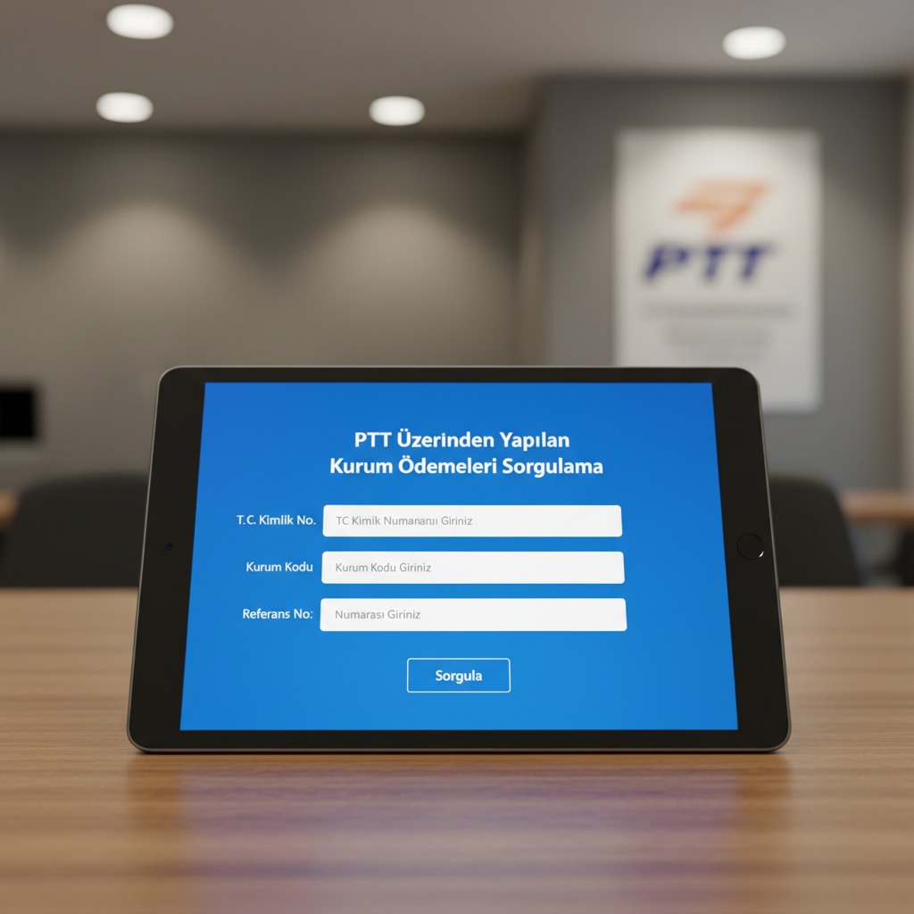 Masa üzerinde duran ve PTT kurum ödemeleri sorgulama ekranını gösteren bir tablet bilgisayar.